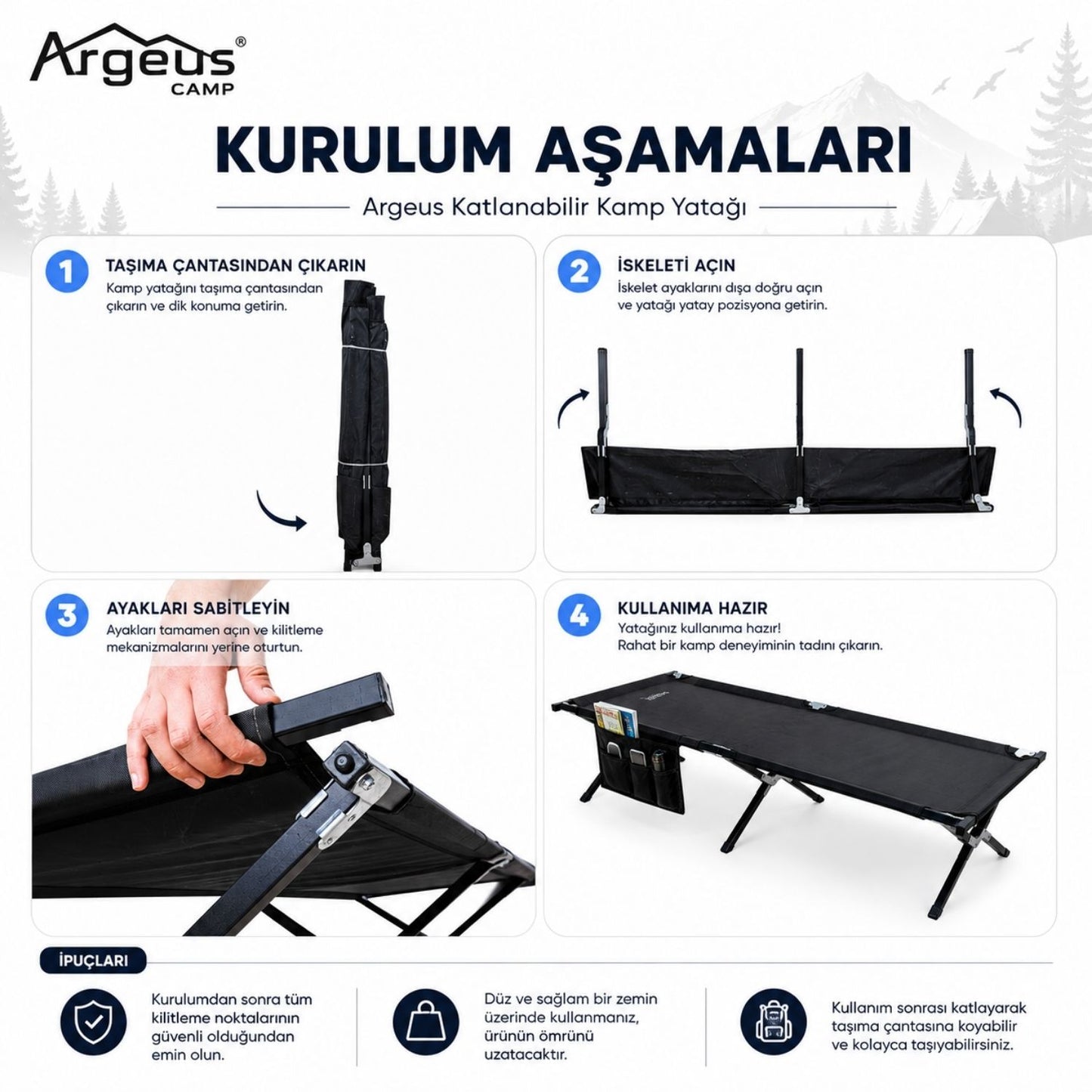Katlanır Kamp Yatağı Kampet - Taşıma Çantalı - 150KG Taşıma - Siyah