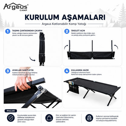 Katlanır Kamp Yatağı Kampet - Taşıma Çantalı - 150KG Taşıma - Siyah