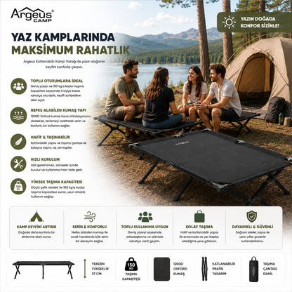 Katlanır Kamp Yatağı Kampet - Taşıma Çantalı - 150KG Taşıma - Siyah