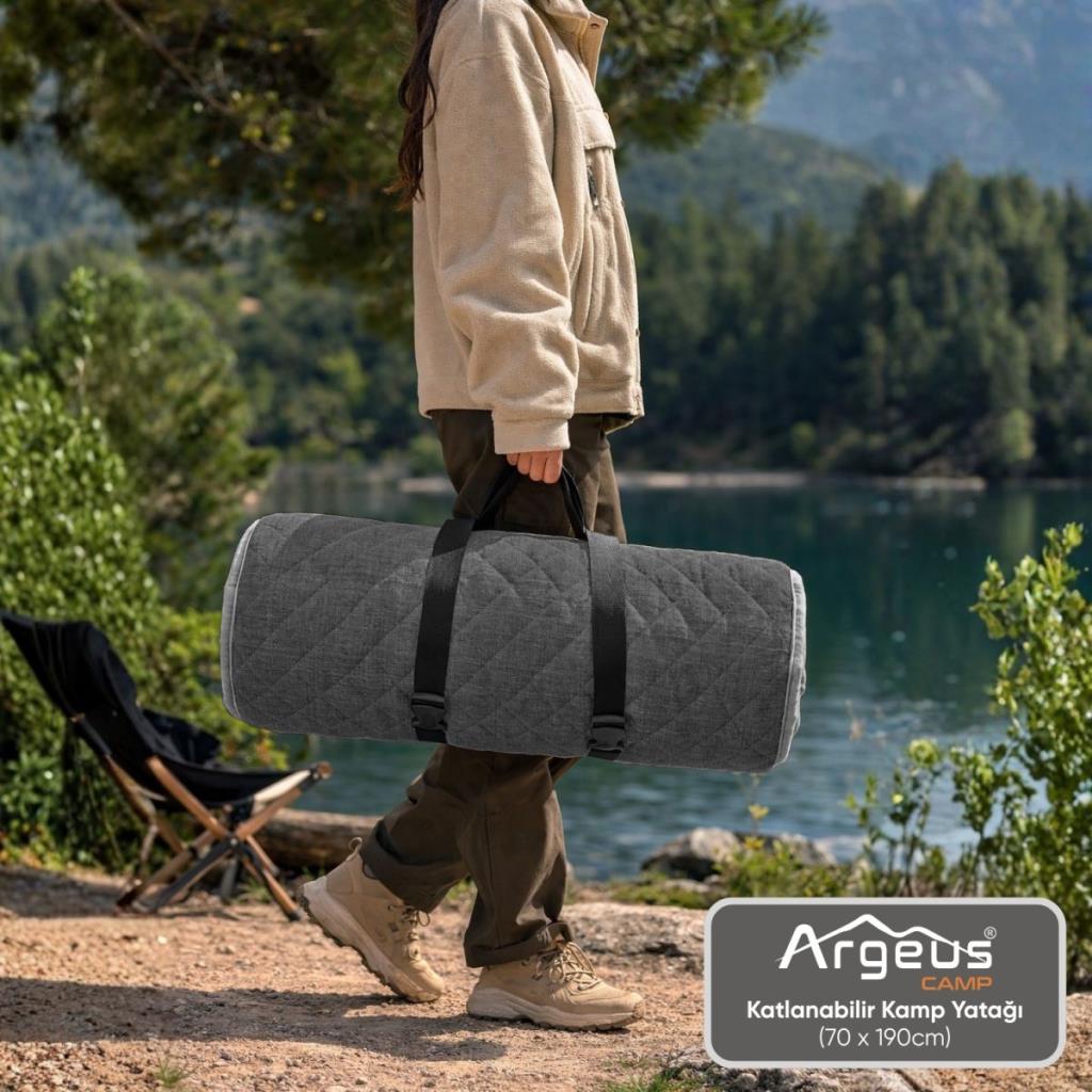 Katlanır Kamp Yatağı - Yer Yatağı - Taşınabilir - Argeus - Antrasit - 70x190cm  - Omuz Askılı