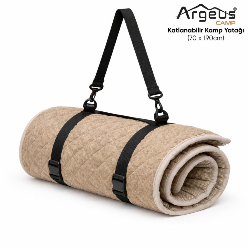 Katlanır Kamp Yatağı - Yer Yatağı - Taşınabilir - Argeus - Bej - 70x190cm  - Omuz Askılı