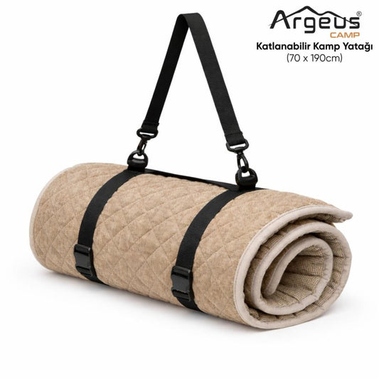 Katlanır Kamp Yatağı - Yer Yatağı - Taşınabilir - Argeus - Bej - 70x190cm  - Omuz Askılı
