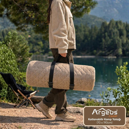 Katlanır Kamp Yatağı - Yer Yatağı - Taşınabilir - Argeus - Bej - 70x190cm  - Omuz Askılı