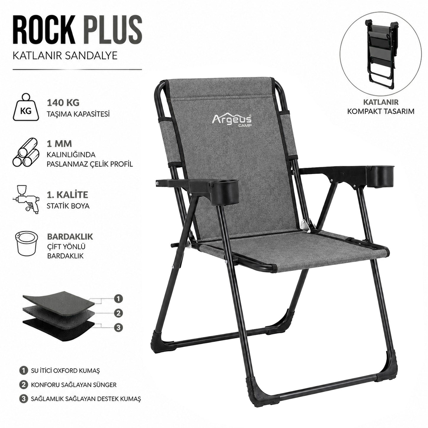 Katlanır Piknik ve Kamp Sandalyesi - Bardaklıklı - Rock Plus - Gusto Antrasit