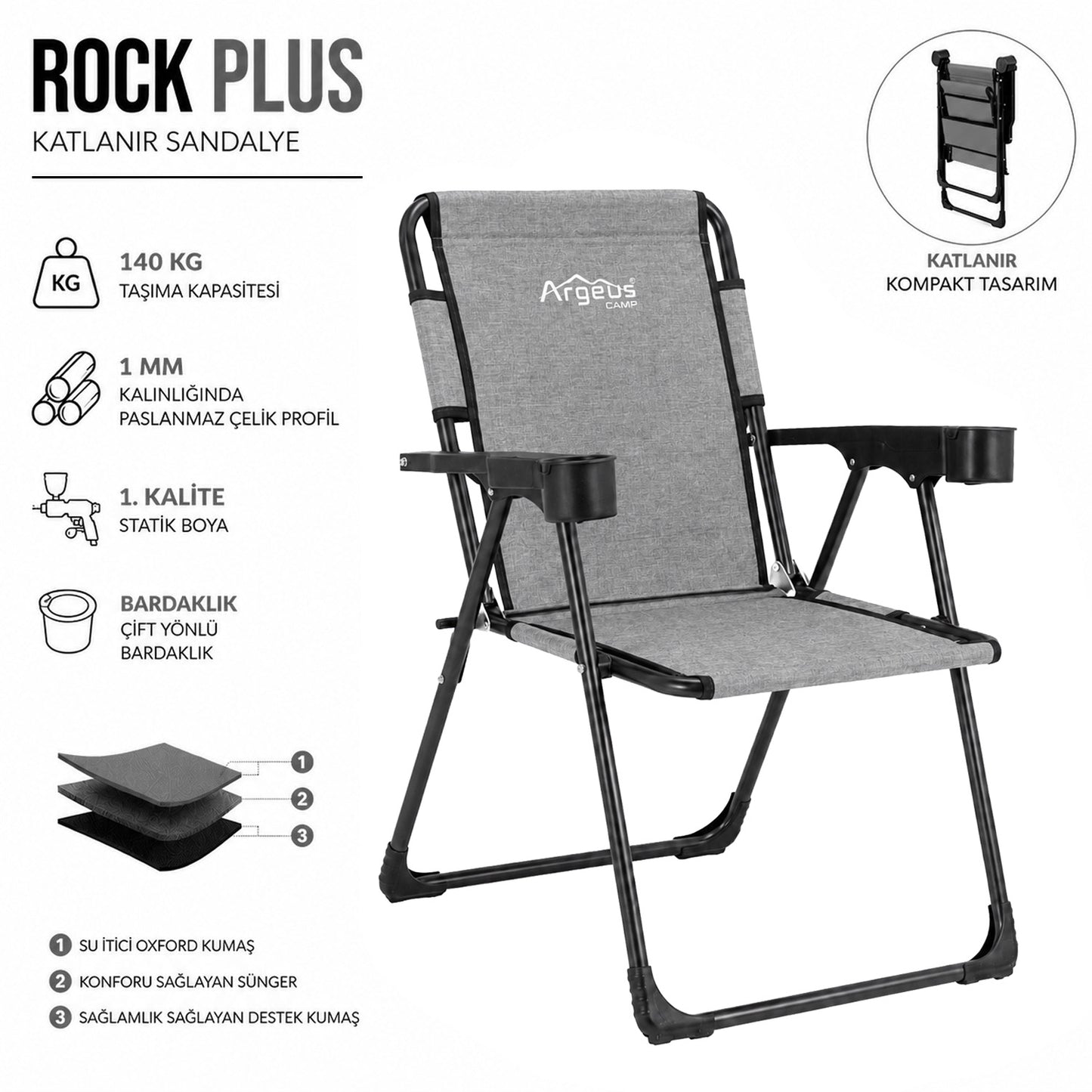 Katlanır Piknik ve Kamp Sandalyesi - Bardaklıklı - Rock Plus - Linen Gri