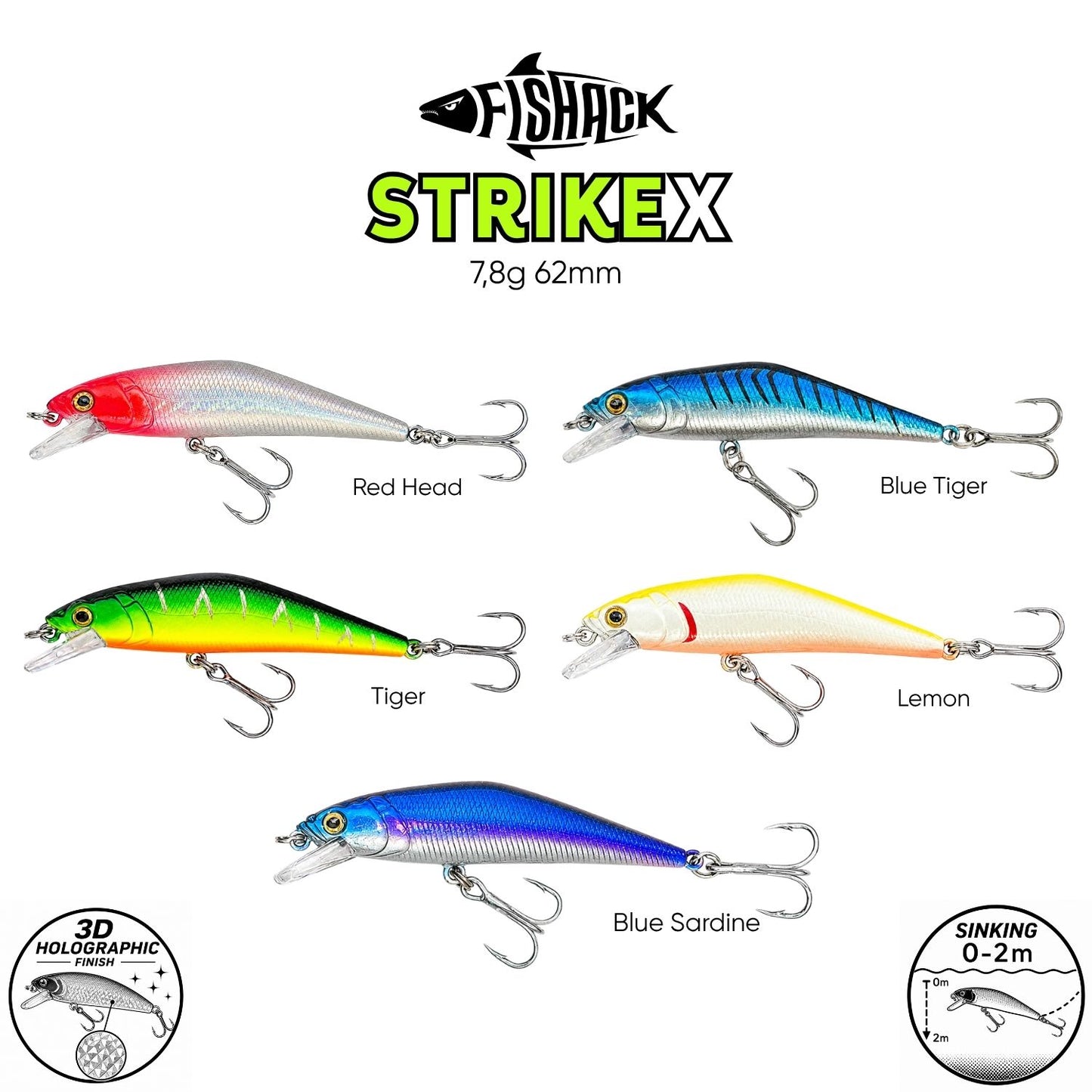 Maket Balık - Fishack StrikeX - Sinking - 3D Hologram Paint - 7,8g 62mm