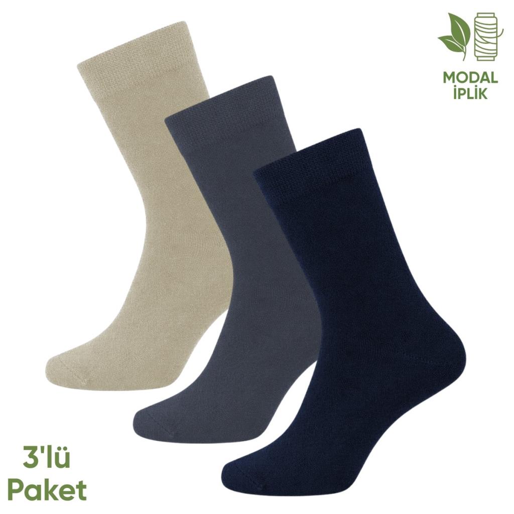Modal İplik Erkek Soket Çorap - 3 Çift - Dikişsiz - Atlas - 18002 - Set 2