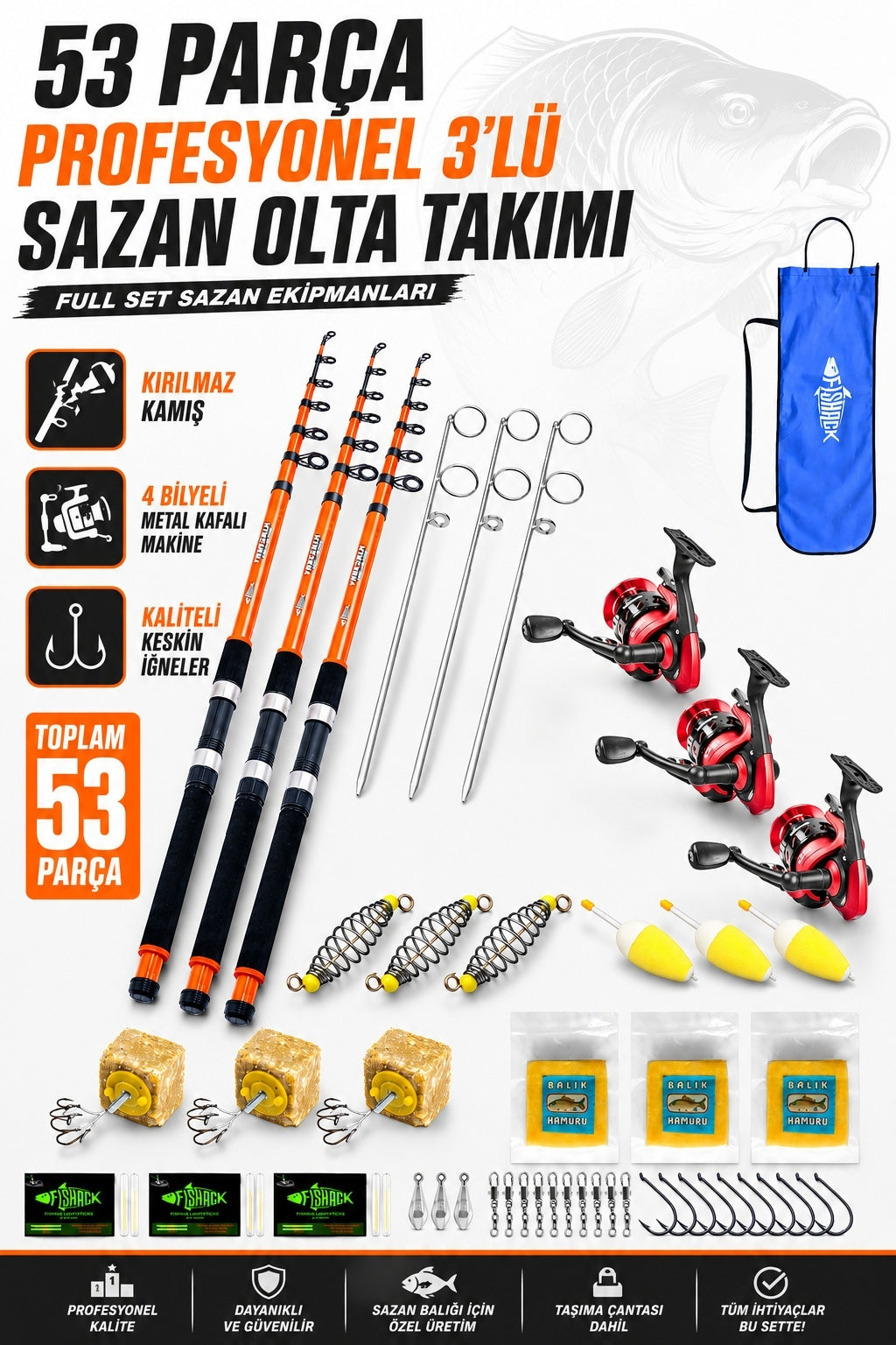Profesyonel 3’lü Sazan Olta Takımı - 3.30MT- Kırılmaz Kamış Metal Kafa Makine