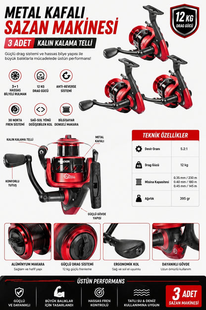 Profesyonel 3’lü Sazan Olta Takımı - 3.60MT- Kırılmaz Kamış Metal Kafa Makine