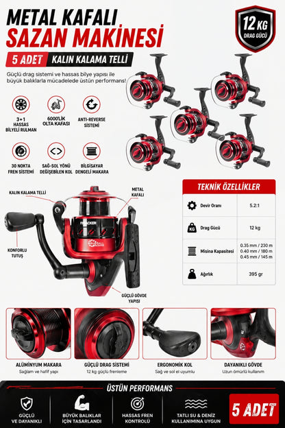 Profesyonel 5’li Sazan Olta Takımı - 3.60MT- Kırılmaz Kamış Metal Kafa Makine
