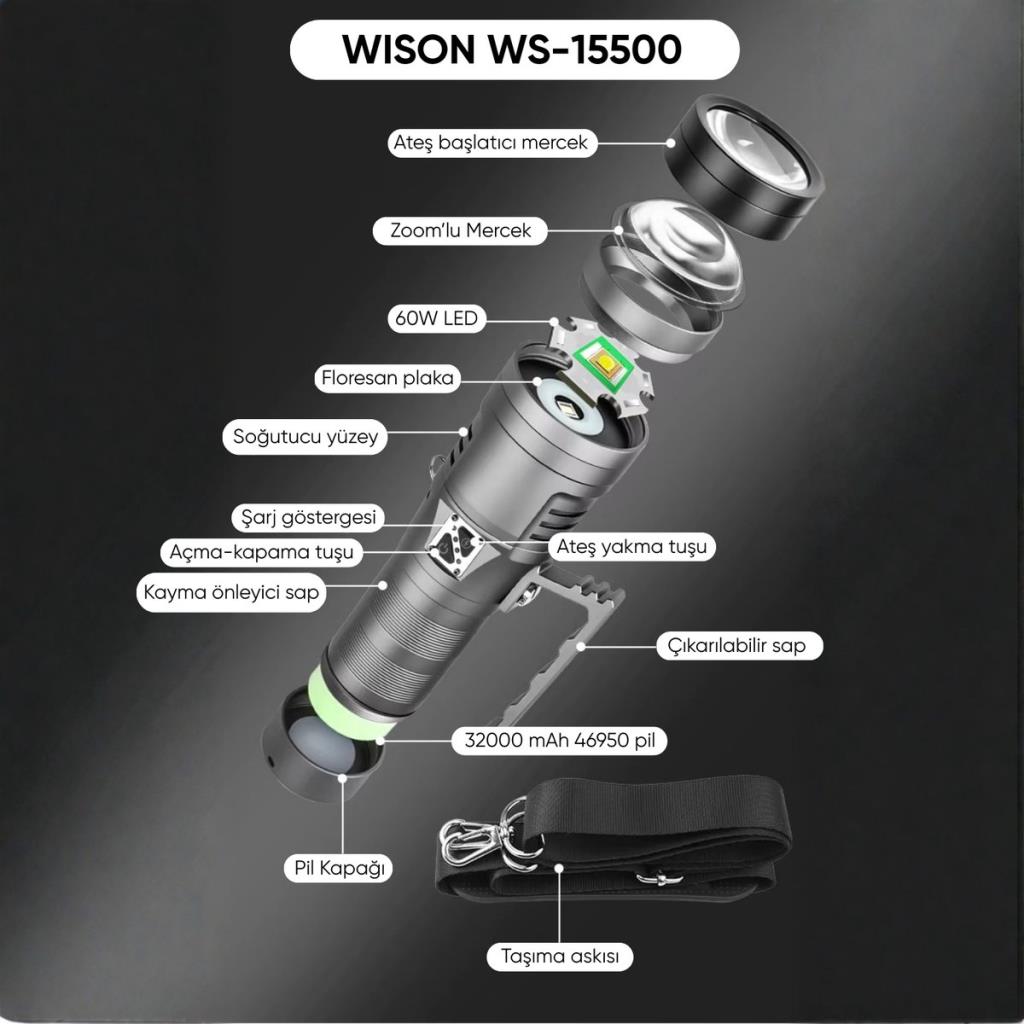 Şarj Edilebilir El Feneri - Wison - 13000 Lümen - 130 Watt (WS-15500)