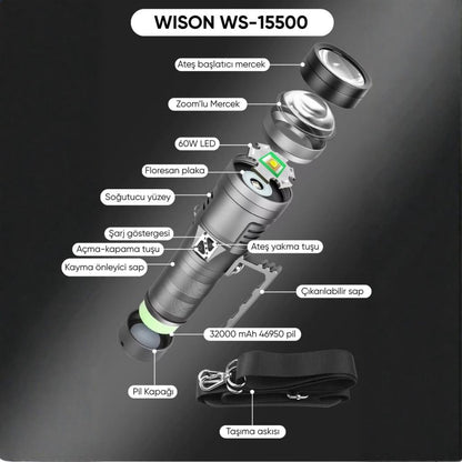 Şarj Edilebilir El Feneri - Wison - 13000 Lümen - 130 Watt (WS-15500)