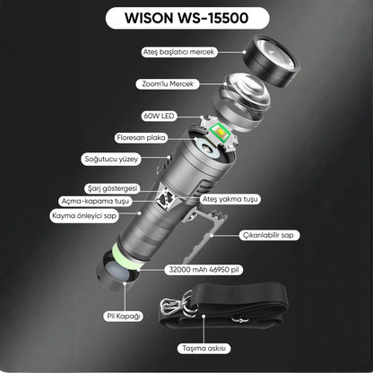 Şarj Edilebilir El Feneri - Wison - 13000 Lümen - 130 Watt (WS-15500)