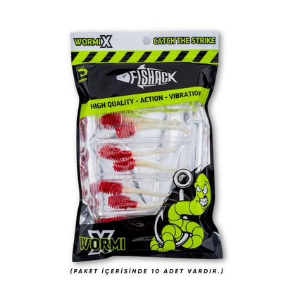 Silikon Kurt Yem - 2,1g 70mm - Fishack Wormix - 1 Adet - Kırmızı/Beyaz - Karides Kokulu