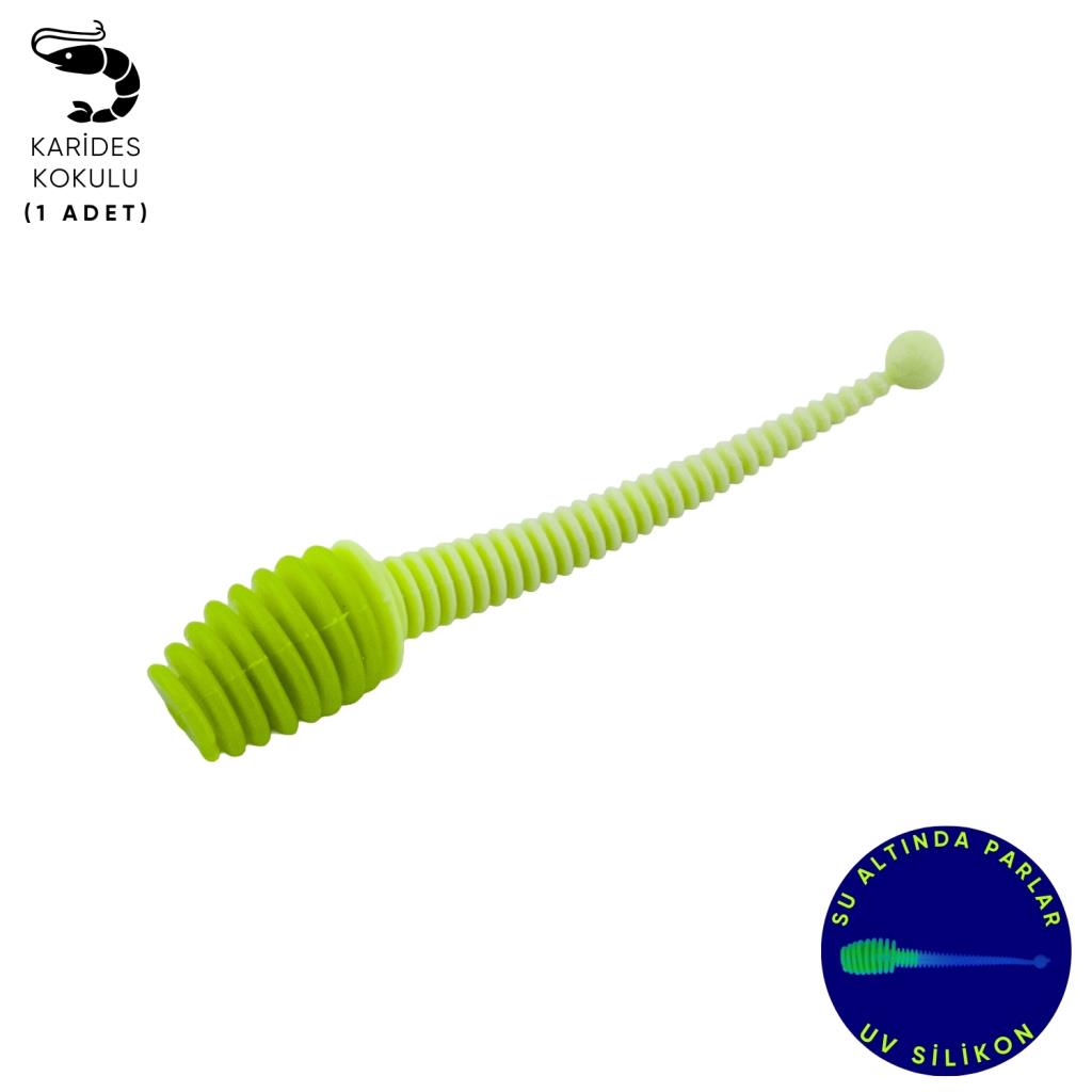 Silikon Kurt Yem - 2,1g 70mm - Fishack Wormix - 1 Adet - Yeşil/Beyaz - Karides Kokulu