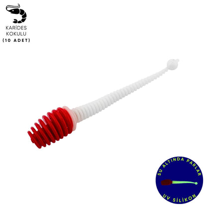 Silikon Kurt Yem - 2,1g 70mm - Fishack Wormix - 10 Adet - UV - Kırmızı/Beyaz
