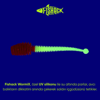 Silikon Kurt Yem - 2,1g 70mm - Fishack Wormix - 10 Adet - UV - Kırmızı/Beyaz