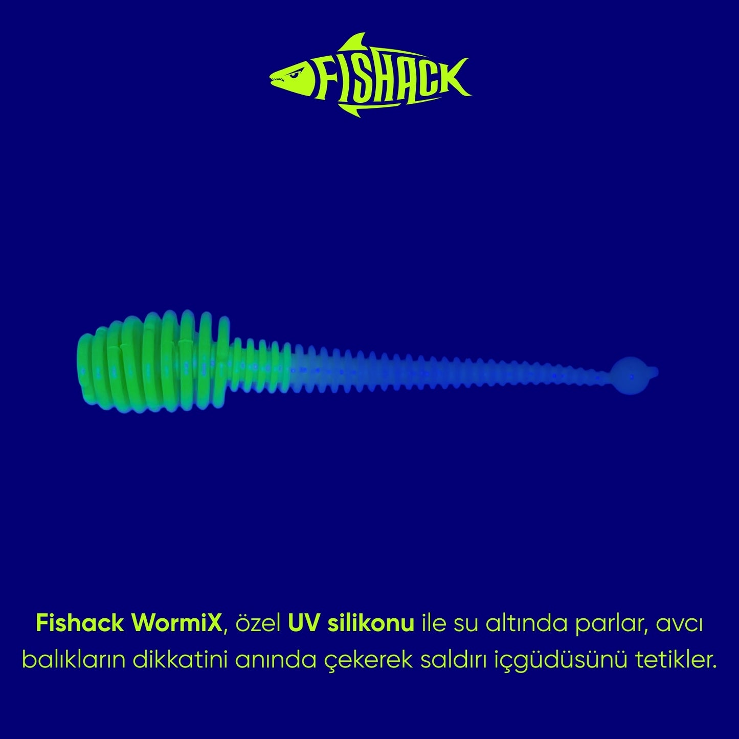 Silikon Kurt Yem - 2,1g 70mm - Fishack Wormix - 10 Adet - UV - Yeşil/Beyaz