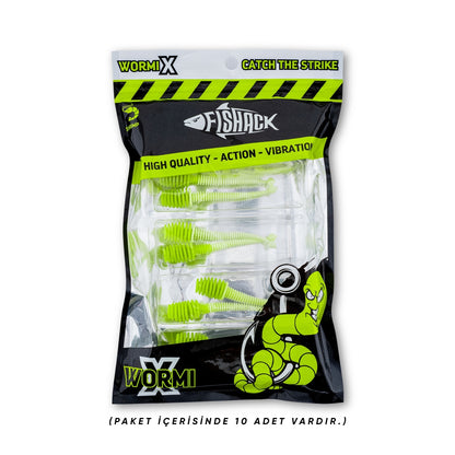 Silikon Kurt Yem - 2,1g 70mm - Fishack Wormix - 10 Adet - UV - Yeşil/Beyaz
