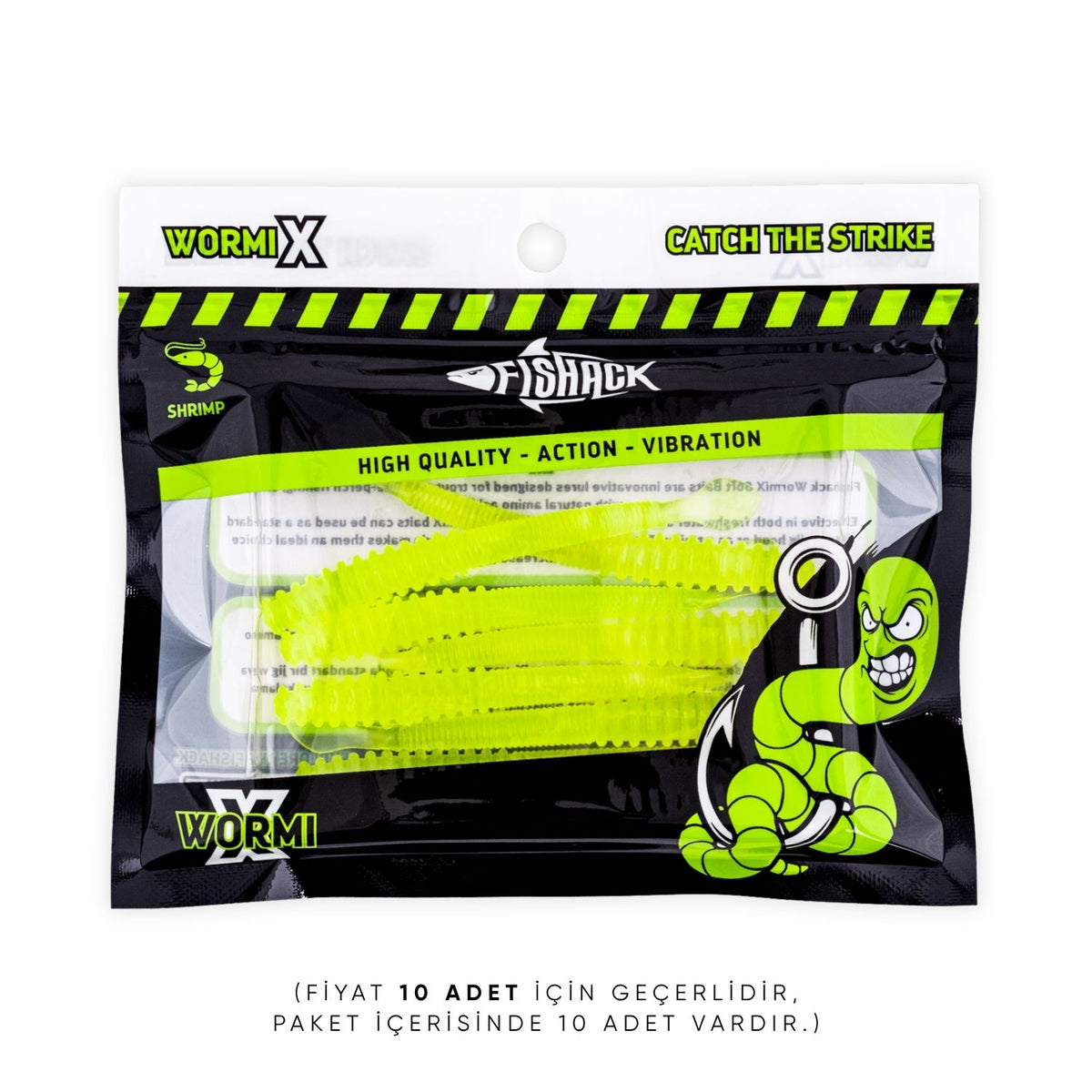 Silikon Kurt Yem - 2,2g 87mm - Fishack Wormix - 10 Adet - UV - Fluo Green
