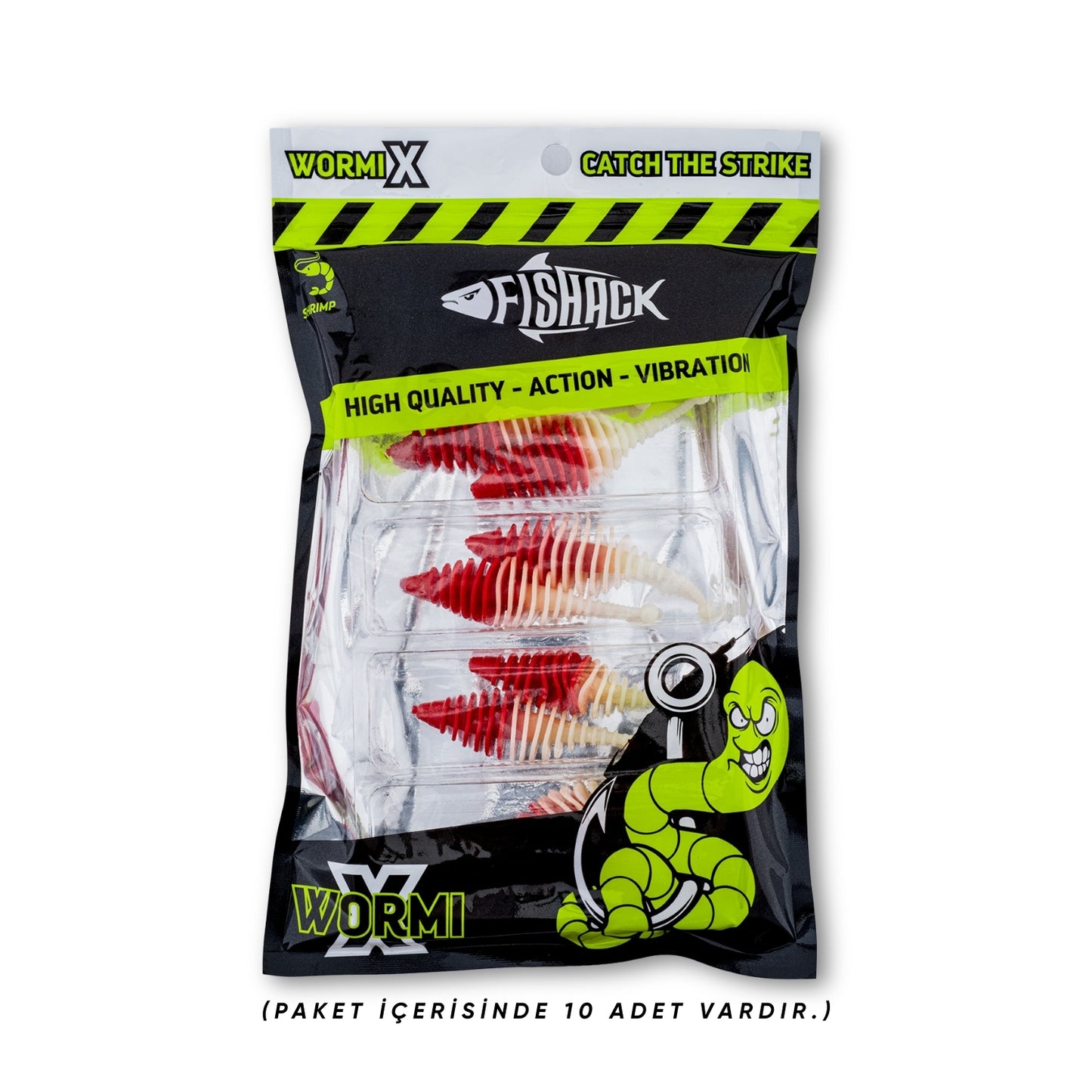 Silikon Kurt Yem - 3g 65mm - Fishack Wormix - 10 Adet - UV - Kırmızı/Beyaz