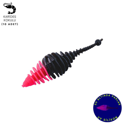 Silikon Kurt Yem - 3g 65mm - Fishack Wormix - 10 Adet - UV - Pembe/Siyah