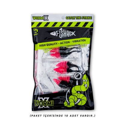 Silikon Kurt Yem - 3g 65mm - Fishack Wormix - 10 Adet - UV - Pembe/Siyah