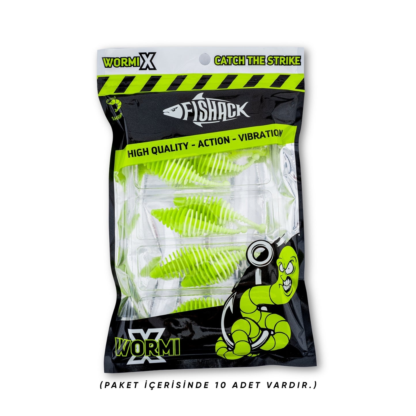 Silikon Kurt Yem - 3g 65mm - Fishack Wormix - 10 Adet - UV - Yeşil/Beyaz