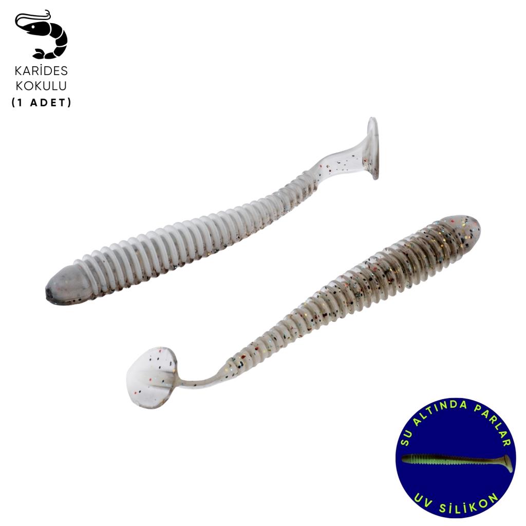 Silikon Kurt Yem - 4,2g 105mm - Turna/Levrek Silikonu - 1 Adet - Gri/Beyaz - Karides Kokulu