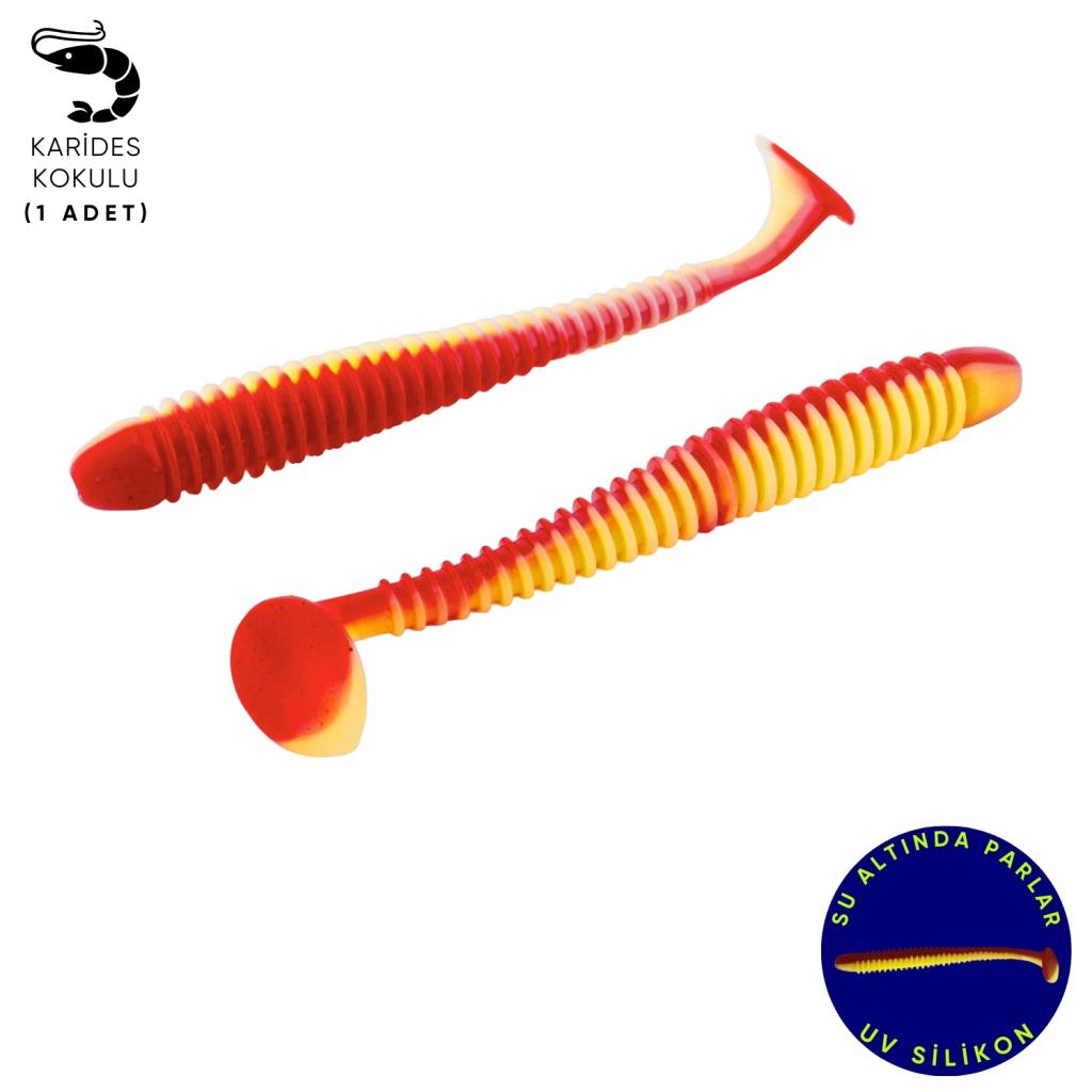 Silikon Kurt Yem - 4,2g 105mm - Turna/Levrek Silikonu - 1 Adet - Kırmızı/Sarı - Karides Kokulu