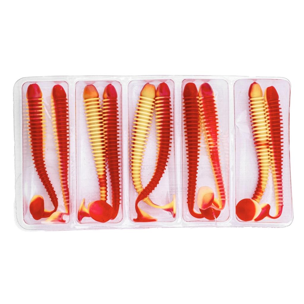 Silikon Kurt Yem - 4,2g 105mm - Turna/Levrek Silikonu - 1 Adet - Kırmızı/Sarı - Karides Kokulu