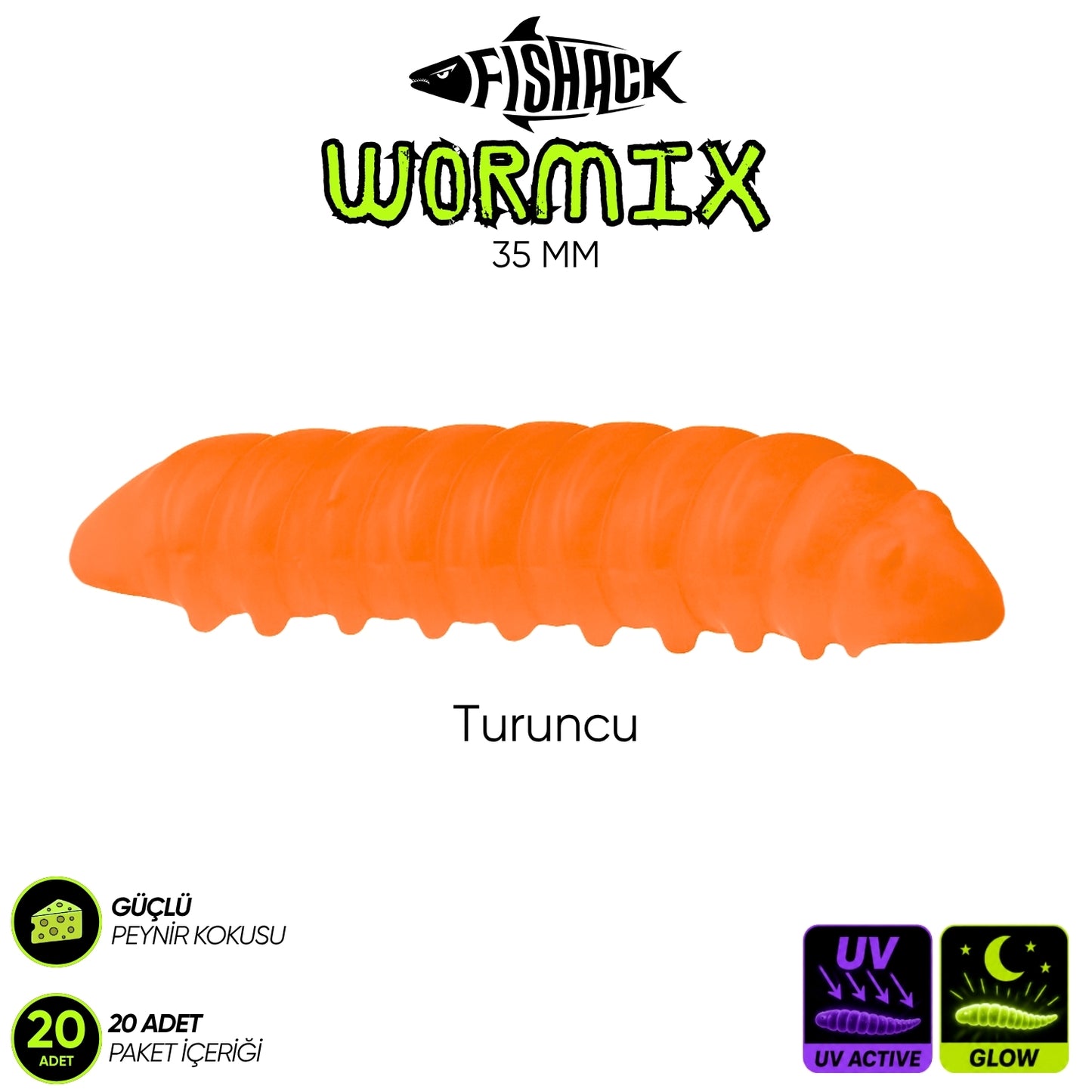 Silikon Kurt Yem - Fishack - 35mm - Peynir Kokulu - 20 Adet - UV ve Glow Silikon