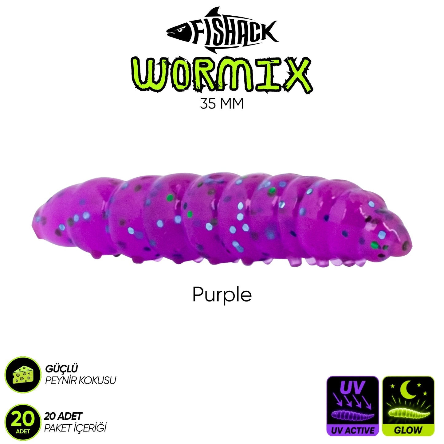 Silikon Kurt Yem - Fishack - 35mm - Peynir Kokulu - 20 Adet - UV ve Glow Silikon