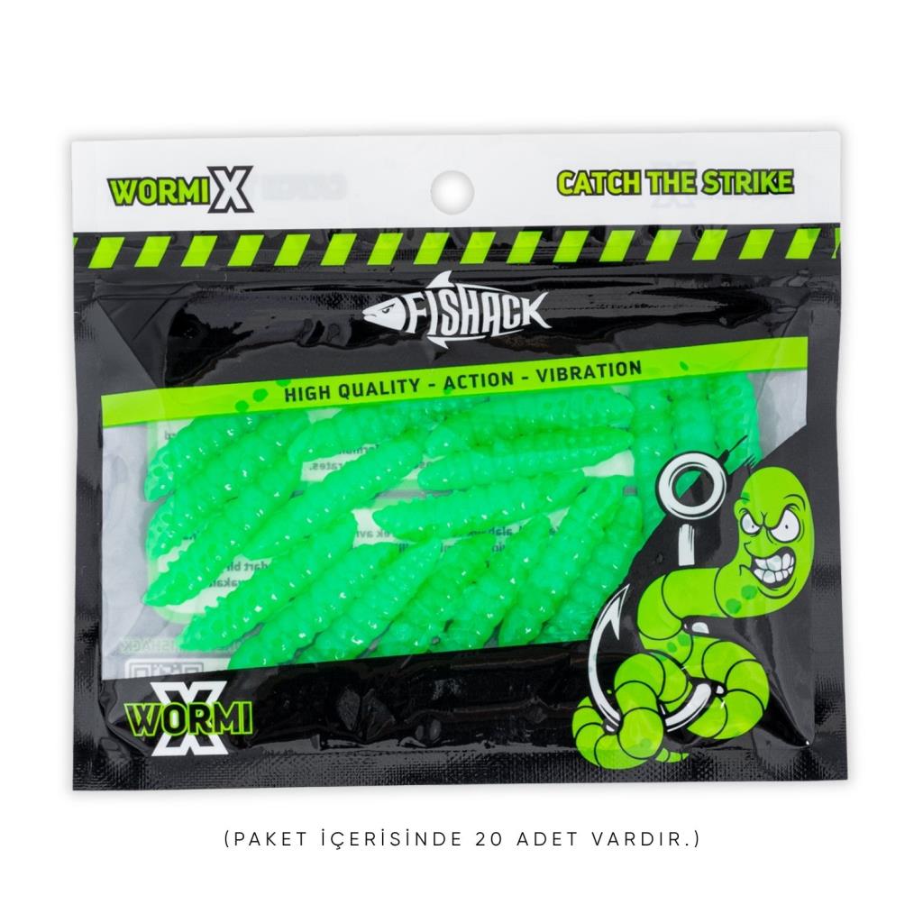 Silikon Kurt Yem - Fishack - 35mm - Sarımsak Kokulu - 20 Adet - Yeşil - UV - Trout Bait