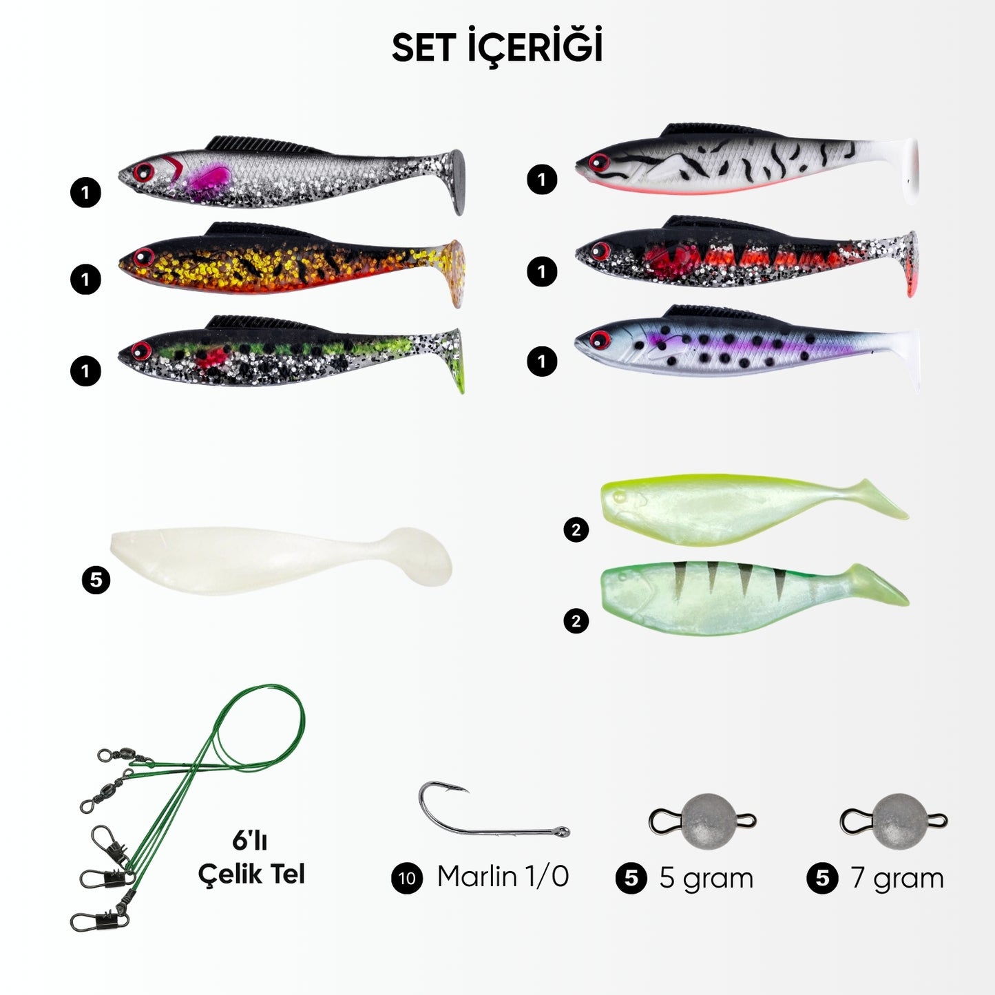 Silikon Spin At-Çek Yem Seti - 42 Parça - Kurşunlu - Yem Kutulu - Fishack (2007)
