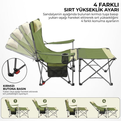 Sırt Ayarlı Katlanabilir Kamp Sandalyesi - 4 Kademeli - Lounge - Haki/Kum