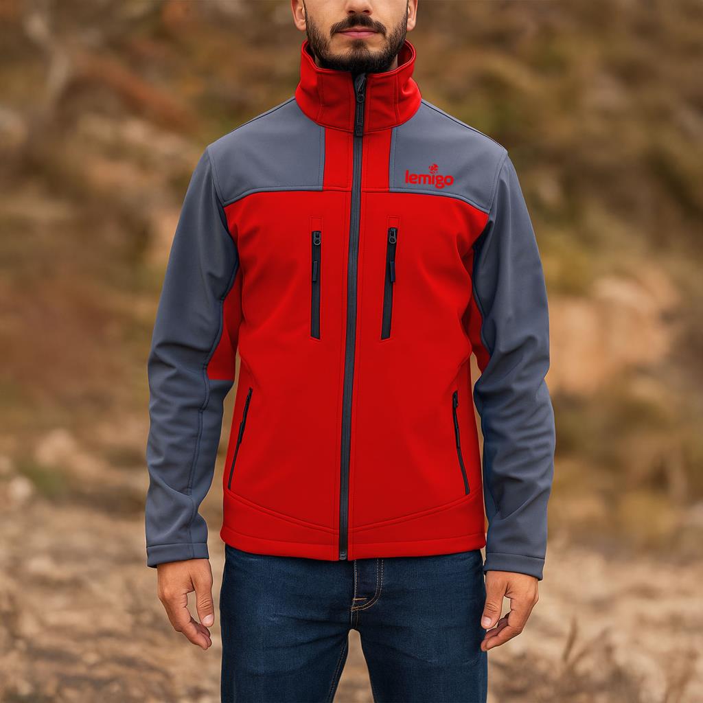 Su ve Rüzgar Geçirmez Softshell Mont - Lemigo - Kırmızı-Gri