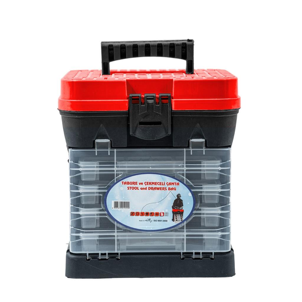 Tabureli Balıkçı Takım Çantası - 4 Çekmeceli - Kırmızı