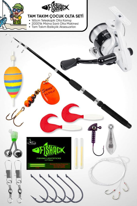 Tam Takım Çocuk Olta Seti - 165cm Kamış 10-30GR / 20'lik Makine - Tüm Deniz ve Göller İçin