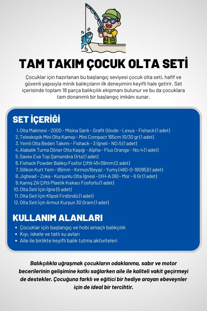 Tam Takım Çocuk Olta Seti - 165cm Kamış 10-30GR / 20'lik Makine - Tüm Deniz ve Göller İçin