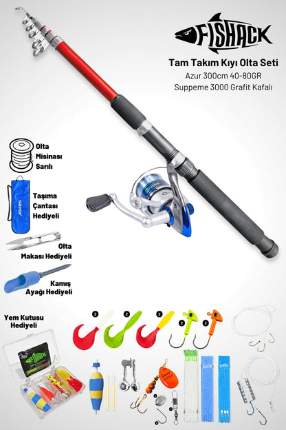 Tam Takım Kıyı Olta Seti - 300 cm Kamış 40-80GR / 3000'lik Supreme Olta Makinesi