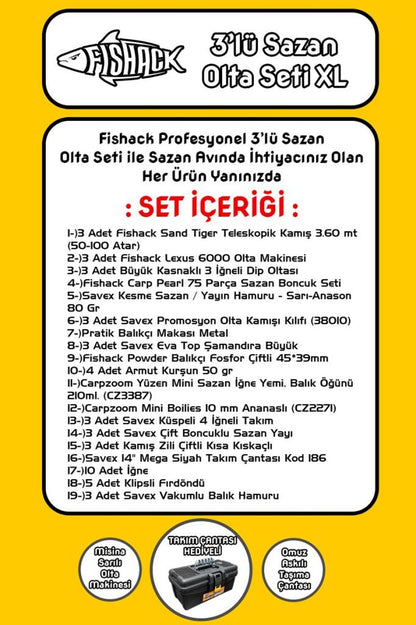 Tam Takım Sazan Olta Seti - 3'lü Set - XL - 3.60MT/50-100GR