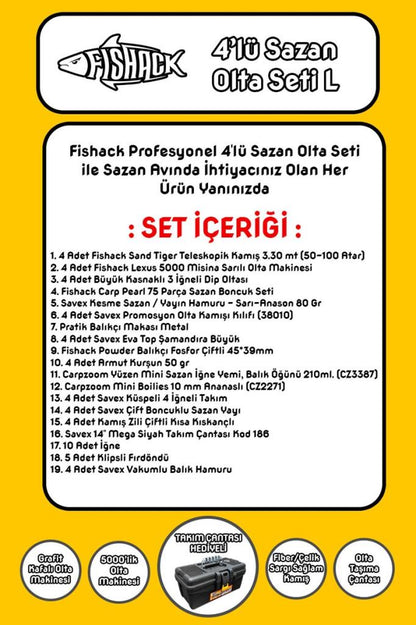 Tam Takım Sazan Olta Seti - 4'lü Set - L - 3.30MT/50-100GR