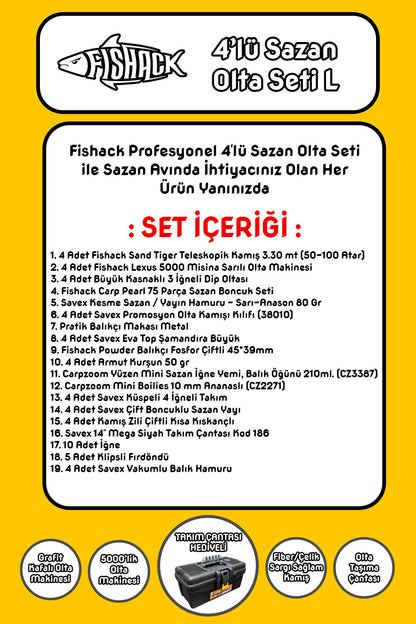 Tam Takım Sazan Olta Seti - 4'lü Set - L - 3.30MT/50-100GR