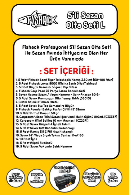 Tam Takım Sazan Olta Seti - 5'li Set - L - 3.30MT/50-100GR