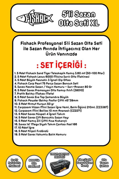 Tam Takım Sazan Olta Seti - 5'li Set - XL - 3.60MT/50-100GR