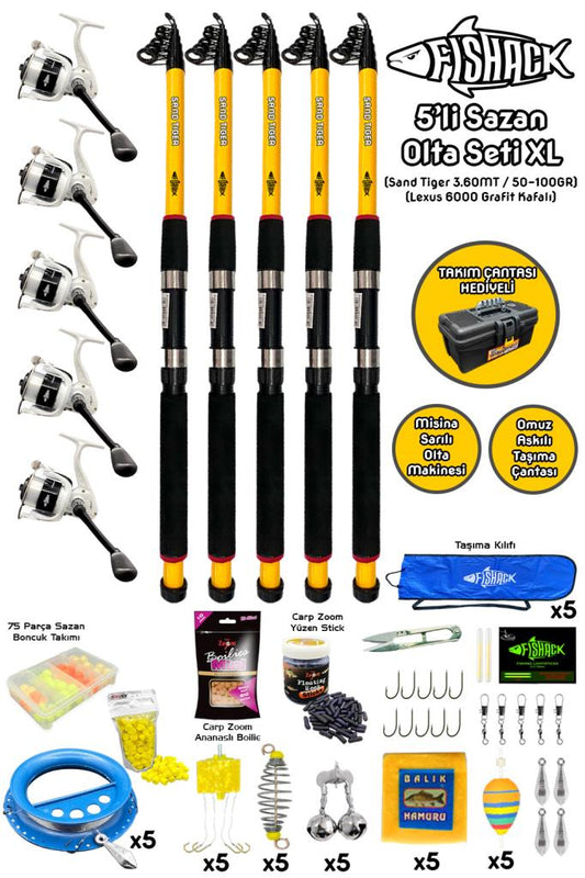 Tam Takım Sazan Olta Seti - 5'li Set - XL - 3.60MT/50-100GR