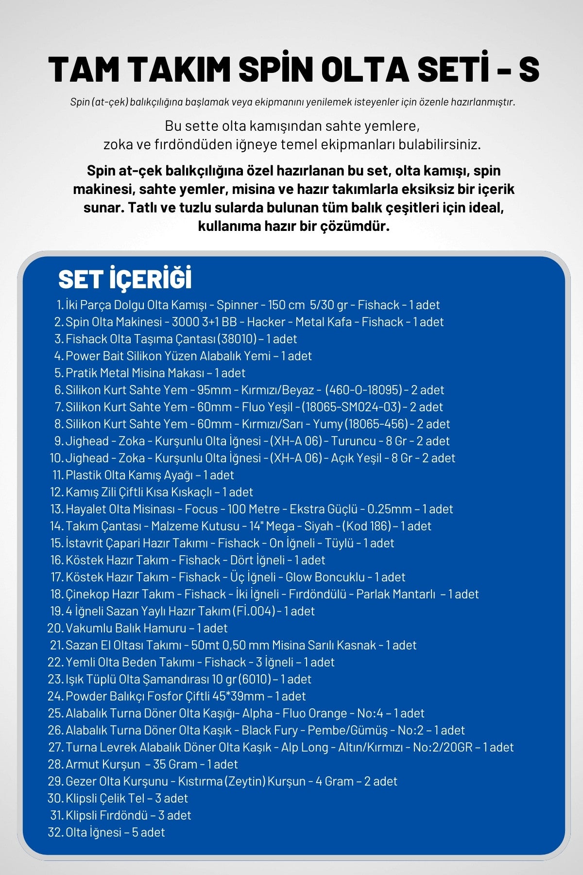 Tam Takım Spin Olta Seti - 150cm Kamış 5-30GR / 3000'lik 3+1BB Makine - S