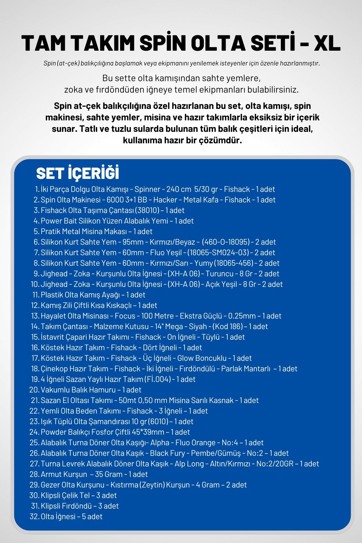 Tam Takım Spin Olta Seti - 240cm Kamış 5-30GR / 6000'lik 3+1BB Makine - XL