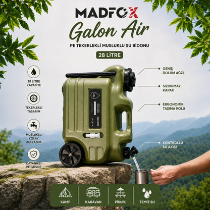 Tekerlekli Musluklu Su Bidonu - Madfox Galon Air PE - 28 Litre - Yeşil - 387060